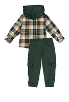 Toddler Boys Plaid Hustle Hooded Shirt and Sweatpants, Green, Size 3T