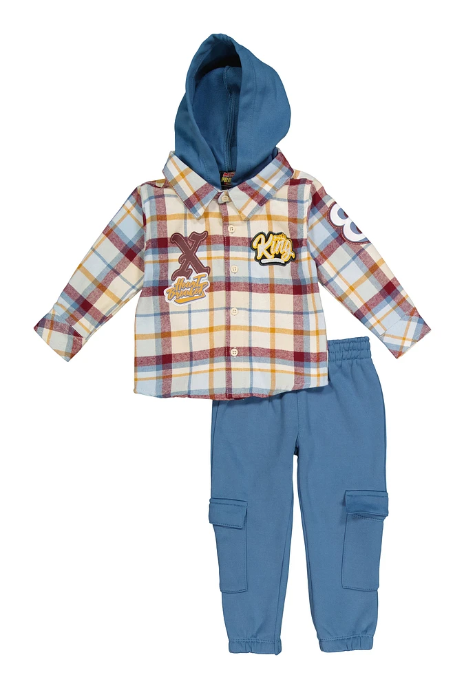 Toddler Boys Plaid Hooded Shirt and Cargo Sweatpants, Blue,