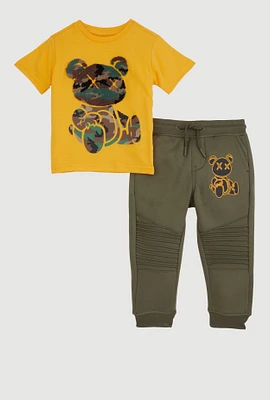 Toddler Boys Camo Bear Graphic Tee and Moto Joggers, Yellow, Size 2T