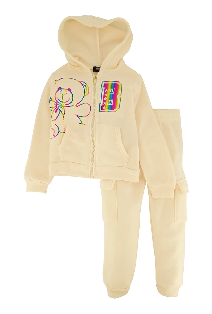 Toddler Girls 3D Foil Bear Graphic Hoodie and Joggers, Beige, Size 2T