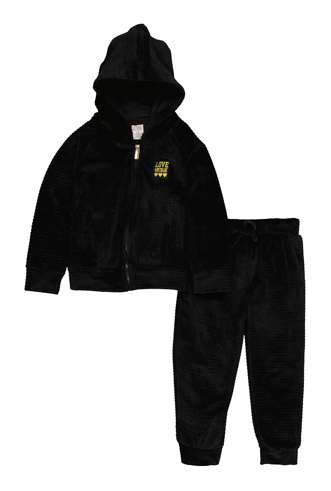 Toddler Girls Velour Love Sweatshirt and Joggers, Black, Size 2T