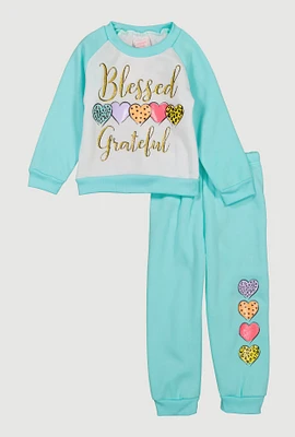 Toddler Girls Glitter Blessed Graphic Sweatshirt and Joggers, Blue, Size 3T