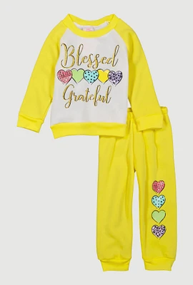 Toddler Girls Glitter Blessed Graphic Sweatshirt and Joggers, Yellow, Size 2T