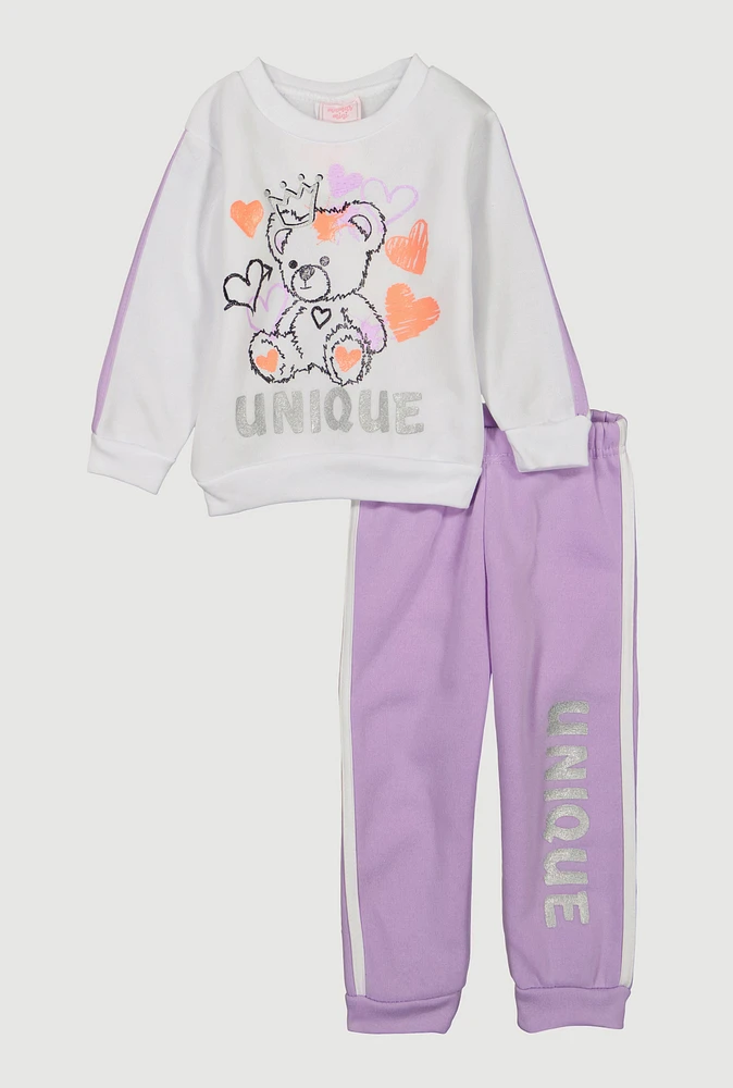 Toddler Girls Unique Glitter Graphic Sweatshirt and Joggers, Purple, Size 2T