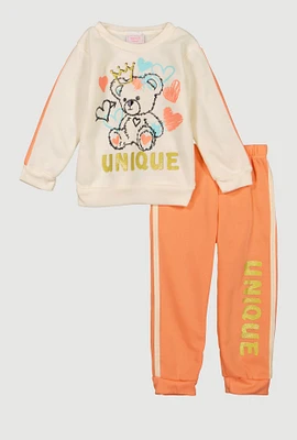 Toddler Girls Unique Glitter Graphic Sweatshirt and Joggers, Orange, Size 2T