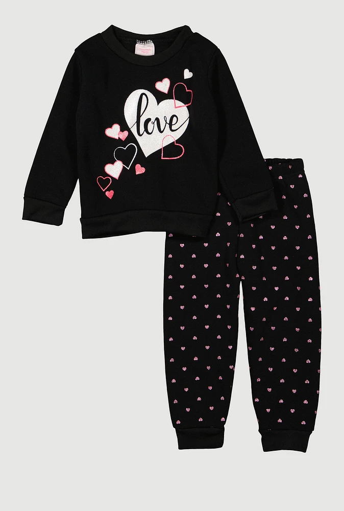 Toddler Girls Love Glitter Heart Sweatshirt and Joggers, Black, Size 2T