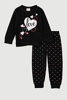 Toddler Girls Love Glitter Heart Sweatshirt and Joggers, Black, Size 2T