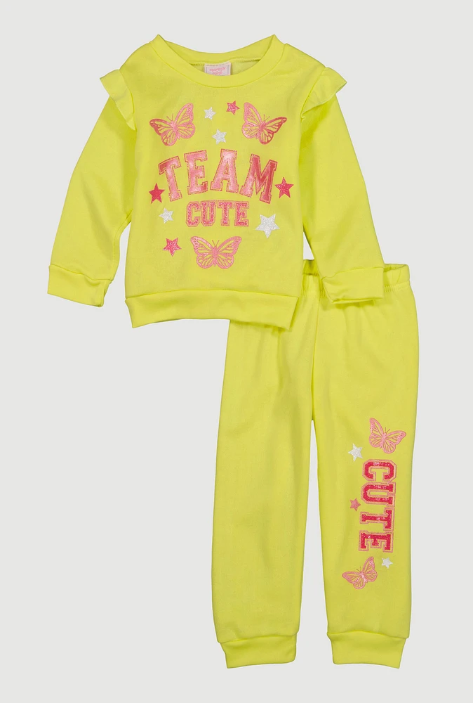 Toddler Girls Team Cute Glitter Graphic Sweatshirt and Joggers, Yellow,