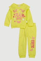 Toddler Girls Team Cute Glitter Graphic Sweatshirt and Joggers, Yellow, Size 2T