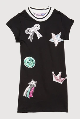Toddler Girls Sequin Graphic Patch Dress, Black, Size 3T