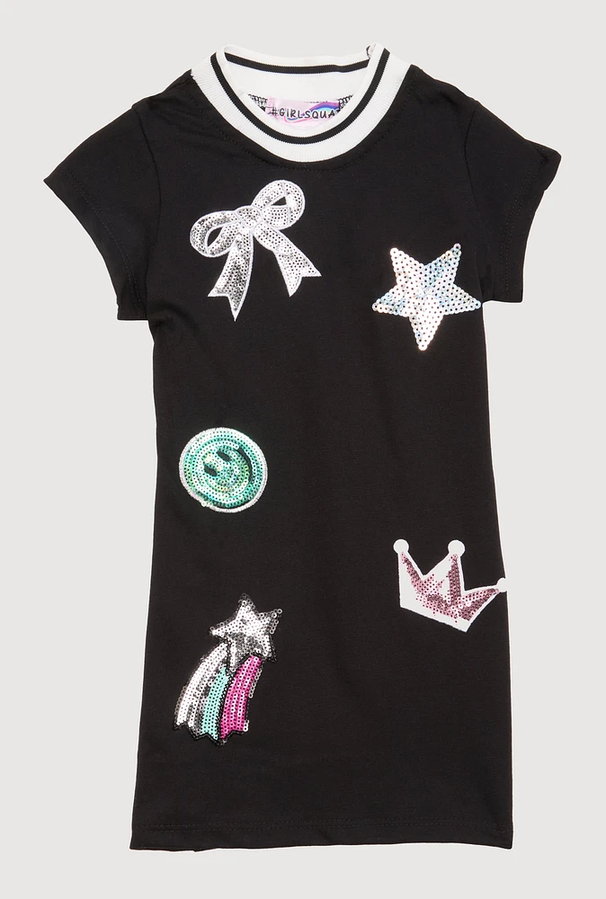 Toddler Girls Sequin Graphic Patch Dress, Black, Size 4T