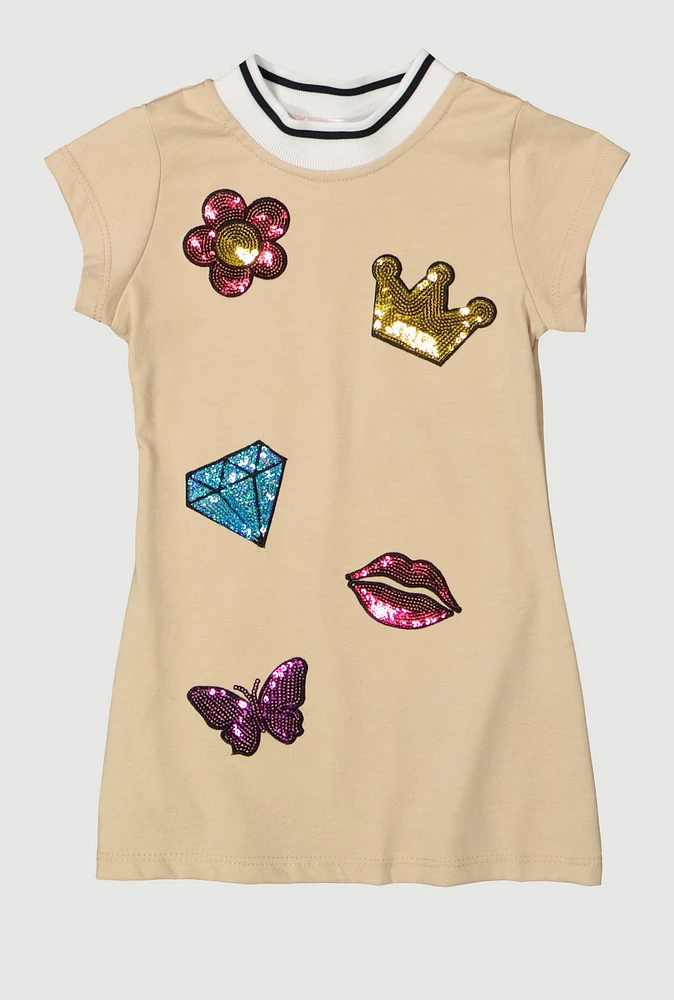 Toddler Girls Graphic Sequin Patch Dress, Beige, Size 2T