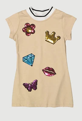 Toddler Girls Graphic Sequin Patch Dress, Beige, Size 2T