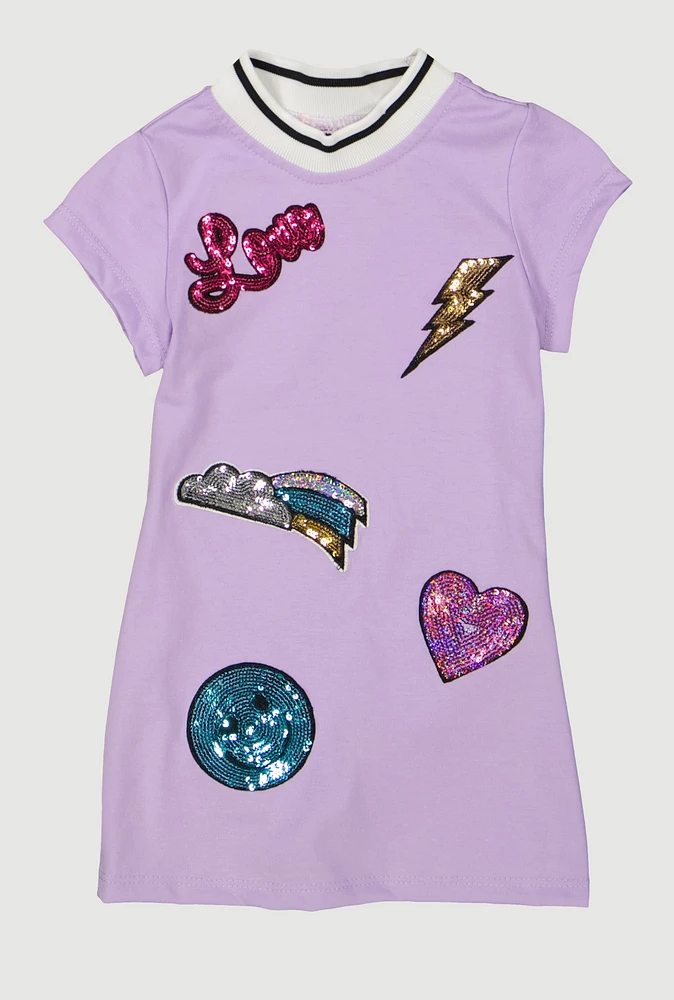 Toddler Girls Love Sequin Embroidered Graphic T Shirt Dress, Purple,