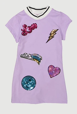 Toddler Girls Love Sequin Embroidered Graphic T Shirt Dress, Purple,