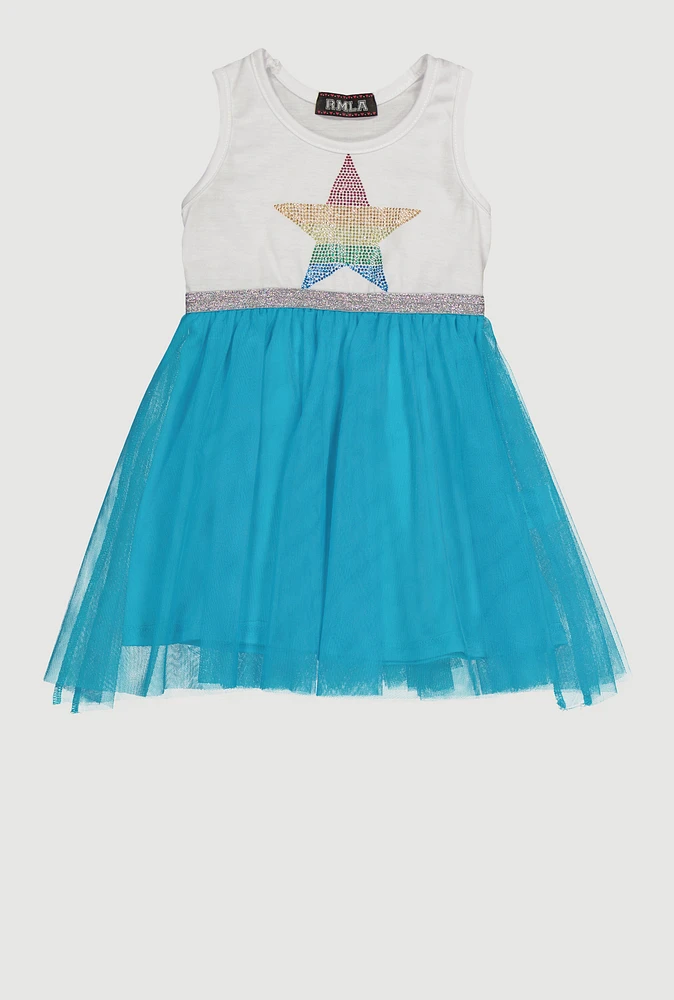 Toddler Girls Rainbow Star Studded Tutu Dress, Blue, Size 4T