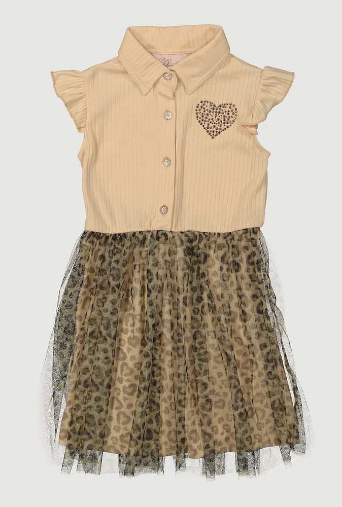 Toddler Girls Rhinestone Heart Animal Print Tutu Dress, Brown, Size 2T
