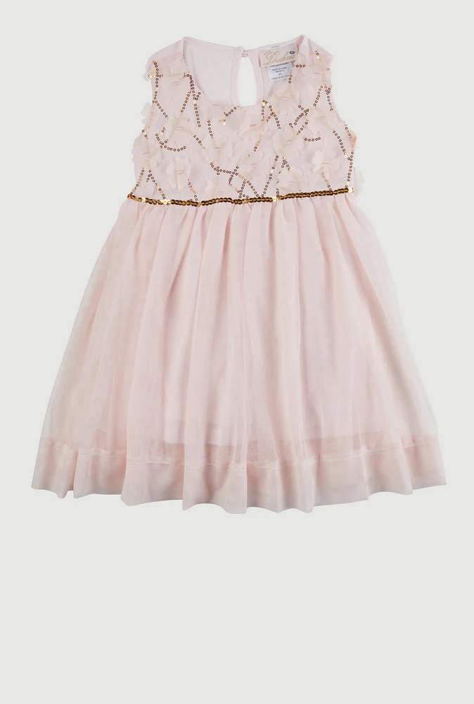 Toddler Girls Flower Applique Sequin Detail Tulle Dress, Pink, Size 4T