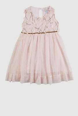 Toddler Girls Flower Applique Sequin Detail Tulle Dress, Pink, Size 4T