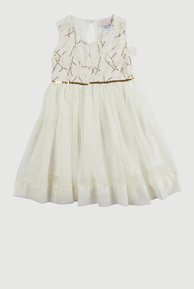 Toddler Girls Sequin Flower Detail Tulle Dress, White, Size 4T