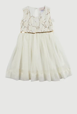 Toddler Girls Sequin Flower Detail Tulle Dress, White, Size 4T