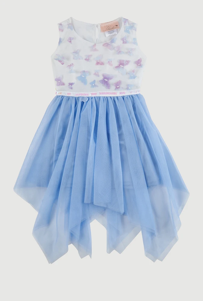 Toddler Girls Butterfly Print Tulle Dress, Blue, Size 2T