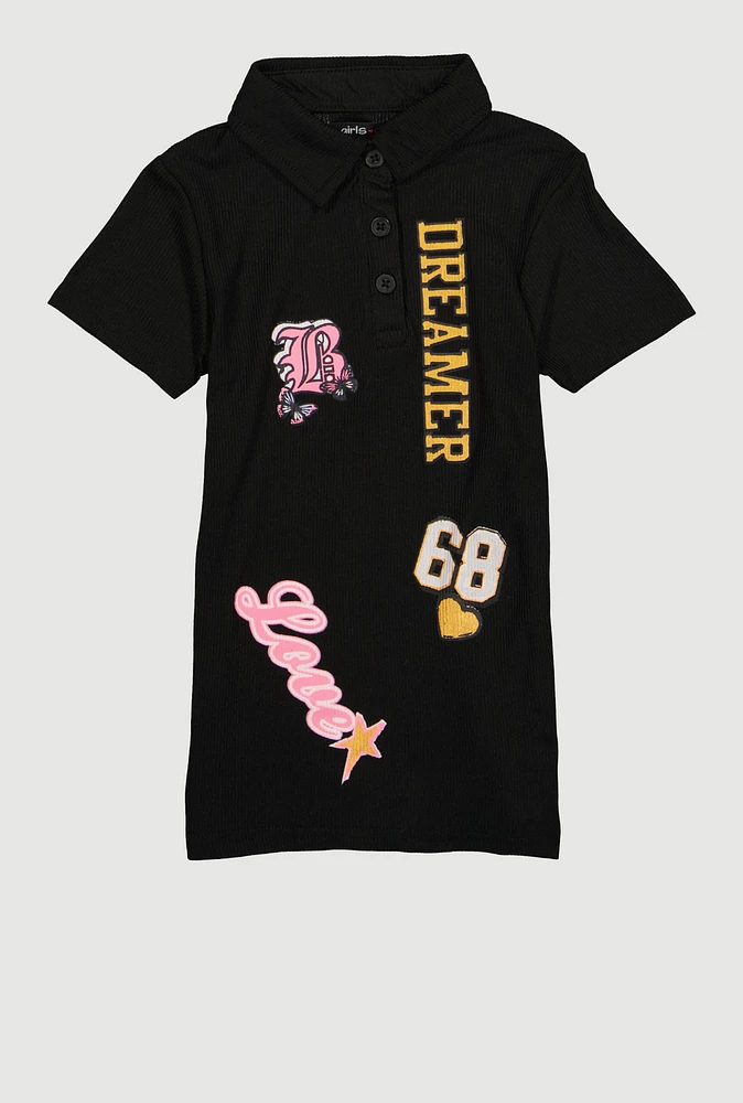 Toddler Girls Dreamer Graphic Polo Dress, Black, Size 4T