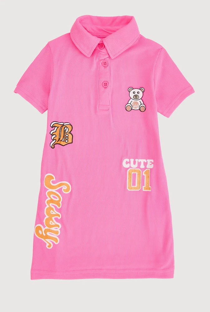 Toddler Girls Rib Knit Sassy Graphic Polo Dress, Pink, Size 3T