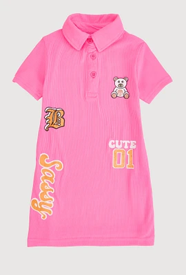 Toddler Girls Rib Knit Sassy Graphic Polo Dress, Pink, Size 3T