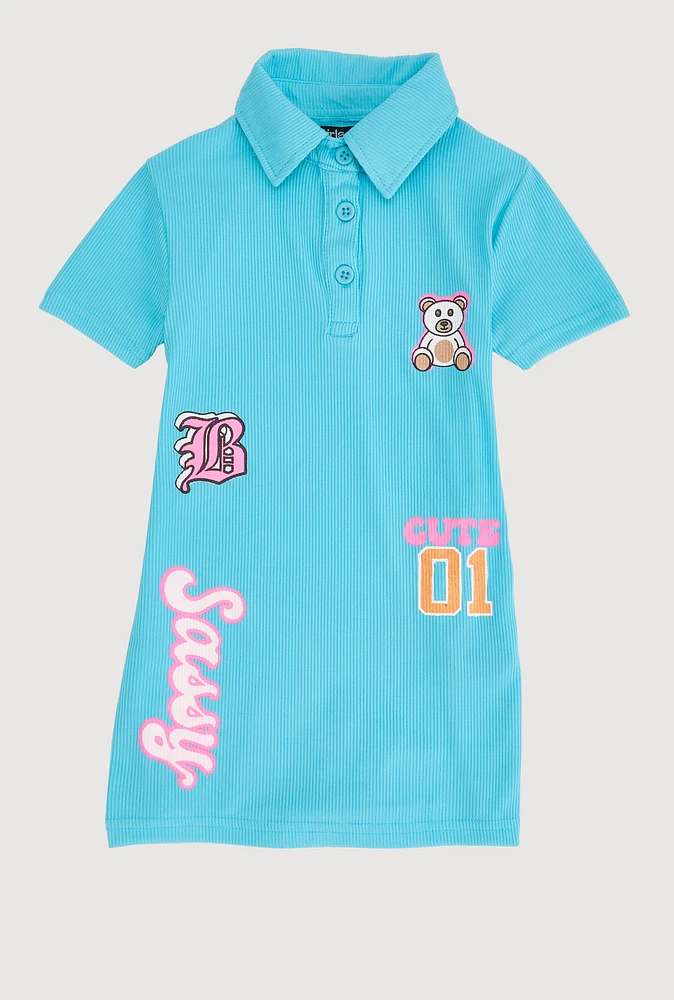 Toddler Girls Rib Knit Sassy Graphic Polo Dress, Blue, Size 4T