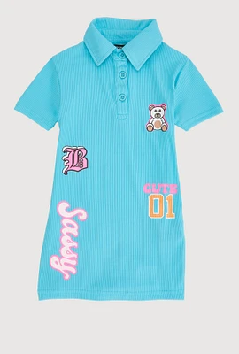 Toddler Girls Rib Knit Sassy Graphic Polo Dress, Blue, Size 4T