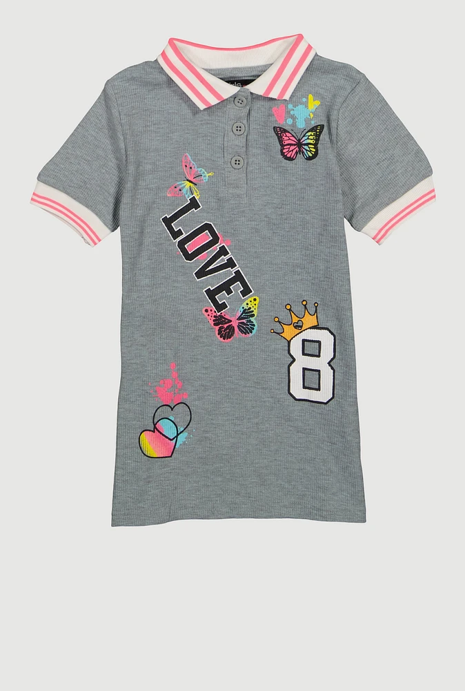 Toddler Girls Love 8 Graphic Polo Shirt, Grey, Size 4T