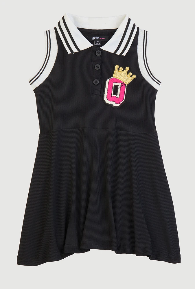 Toddler Girls Rib Knit Q Chenille Patch Graphic Skater Dress, Black, Size 2T