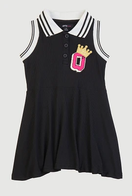Toddler Girls Rib Knit Q Chenille Patch Graphic Skater Dress, Black, Size 2T
