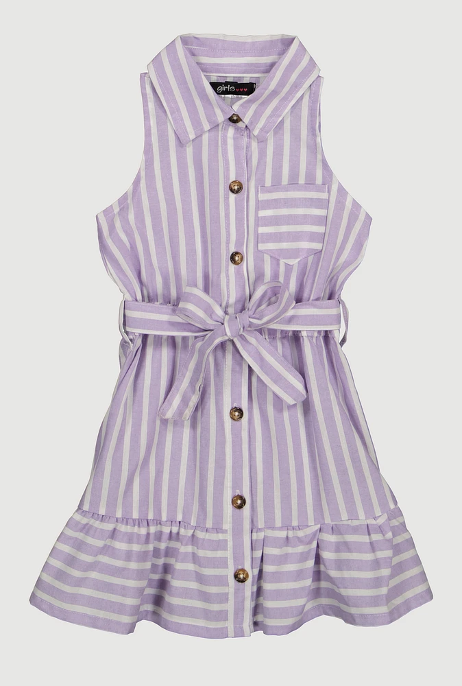 Toddler Girls Linen Striped Shirt Dress, Purple,