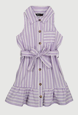 Toddler Girls Linen Striped Shirt Dress, Purple,