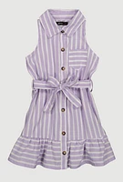 Toddler Girls Linen Striped Shirt Dress, Purple,