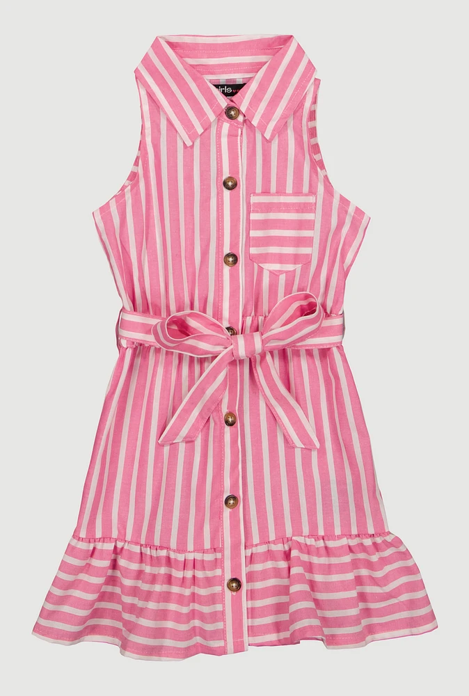 Toddler Girls Linen Striped Shirt Dress, Pink, Size 2T