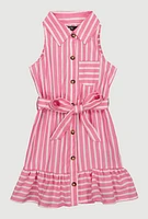 Toddler Girls Linen Striped Shirt Dress, Pink, Size 2T
