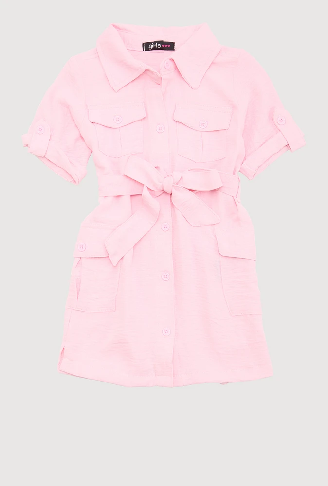 Toddler Girls Airy Utility Shirt Dress, Pink, Size 3T