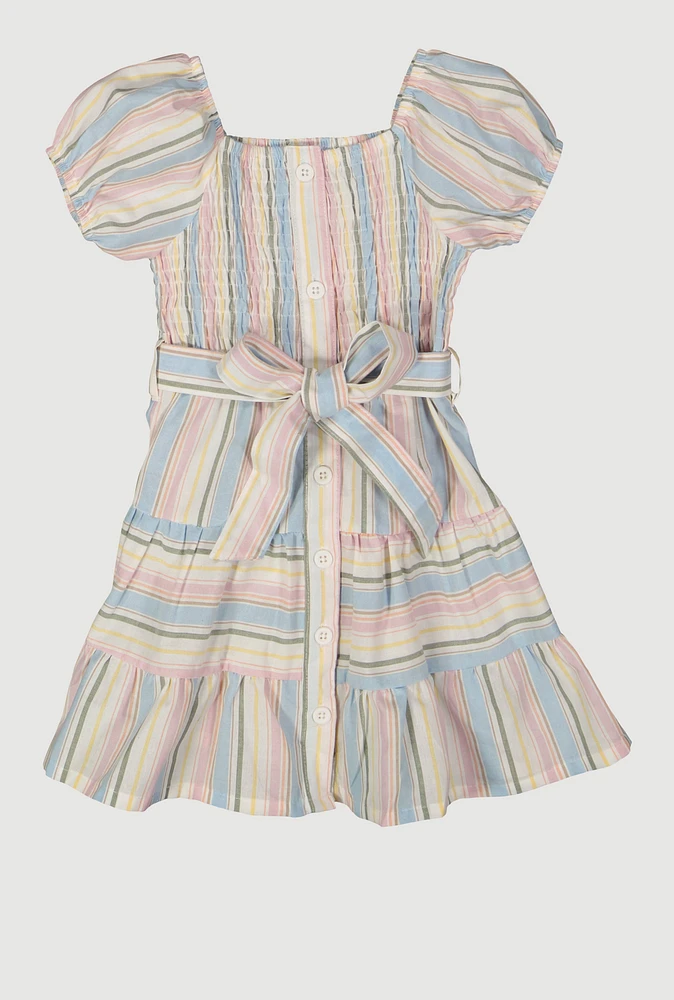 Toddler Girls Smocked Button Front Tiered Dress, Multi, Size 4T