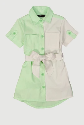 Toddler Girls Color Block Tie Waist Shirt Dress, 3T