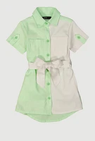 Toddler Girls Color Block Tie Waist Shirt Dress, 3T