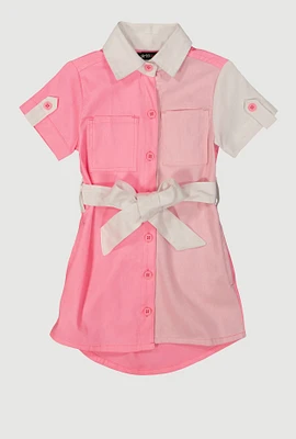 Toddler Girls Color Block Tie Waist Shirt Dress, Pink, Size 3T