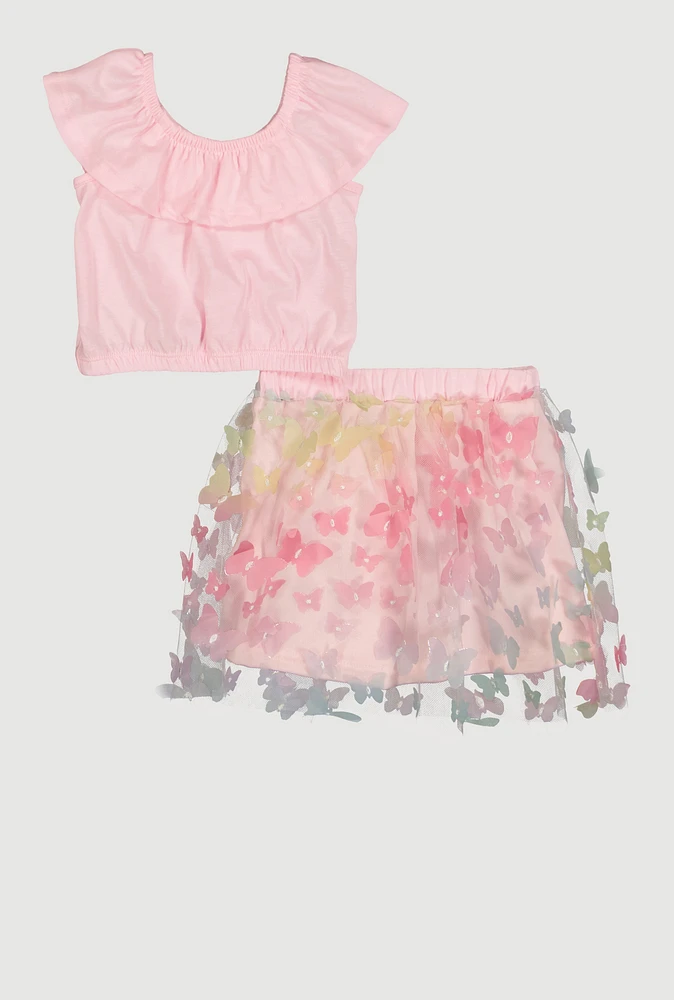 Toddler Girls Ruffle Overlay Top and Butterfly Skirt, Pink, Size 4T