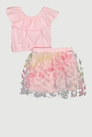Toddler Girls Ruffle Overlay Top and Butterfly Skirt, Pink, Size 4T
