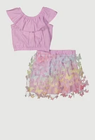 Toddler Girls Ruffle Overlay Tee and Butterfly Skirt, Purple, Size 3T