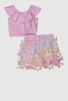Toddler Girls Ruffle Overlay Tee and Butterfly Skirt, Purple, Size 3T