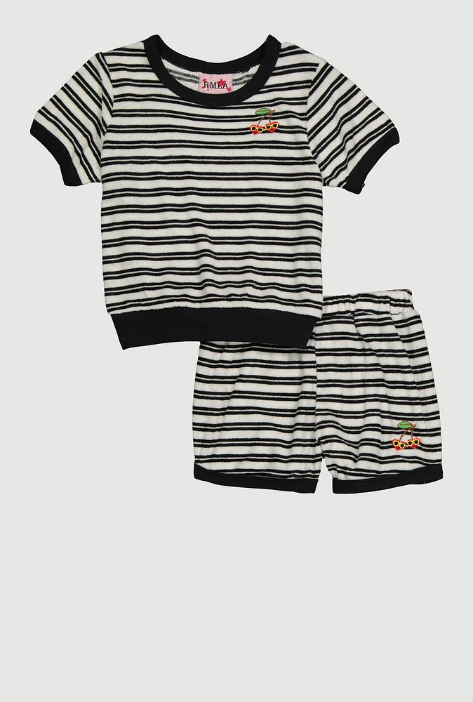 Toddler Girls Cherry Detail Striped Terry Cloth Top and Shorts, Multi, Size 3T