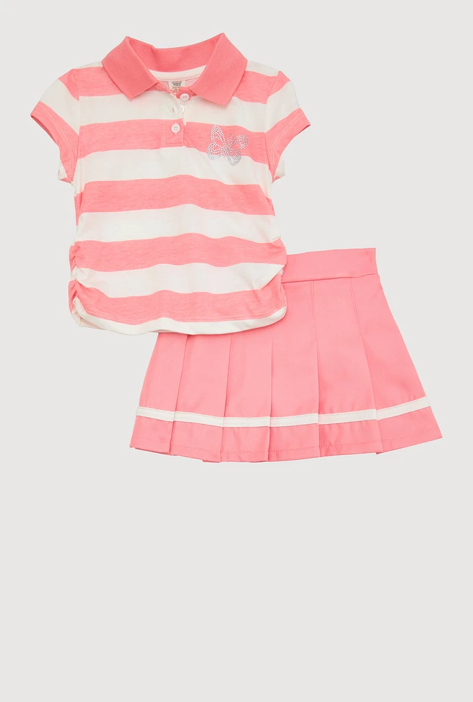 Toddler Girls Striped Polo Shirt and Pleated Skort, Pink, Size 4T